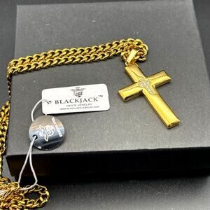 Blackjack BJP48G Mens 18K Gold Plated Stainless Steel Cross Necklace with CZ NWT